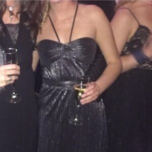 Laundry By Shelli Segal Black and Silver Ruched Embellished Gown